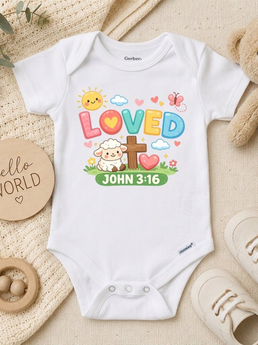 Loved Boho Religious Baby Gift John 3:16 Custom Natural ONESIE®